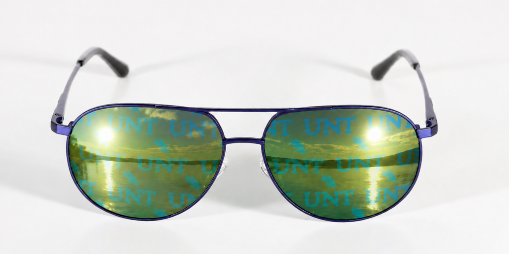 UNT Blue Venture Aviator sunglasses.