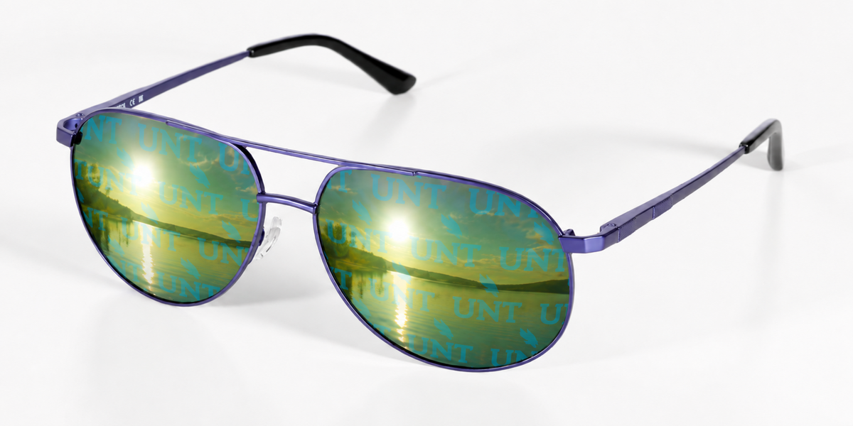 UNT Blue Venture Aviator sunglasses.
