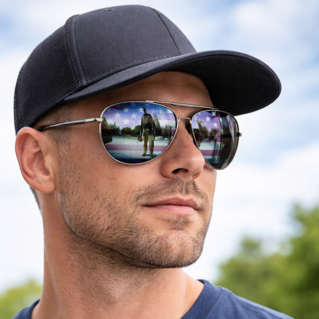 Man wearing his American Flag aviator sunglasses.