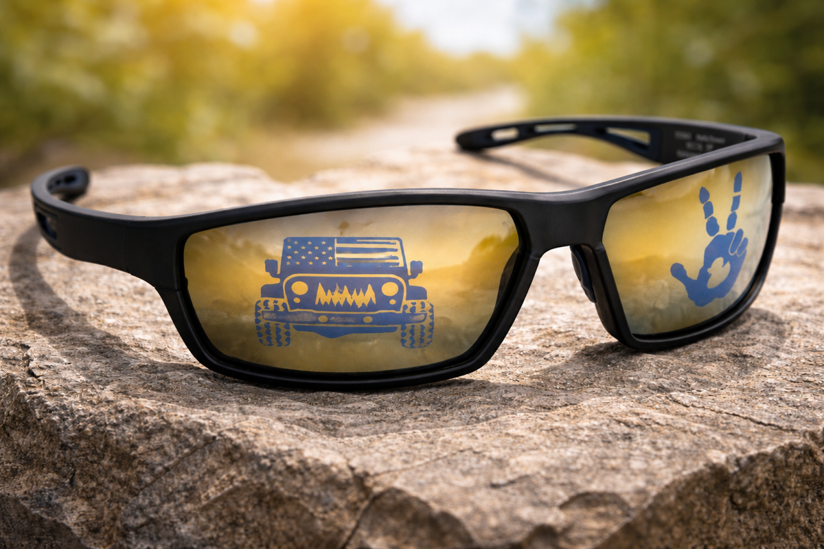 Image of off-road lenses in a wayfarer style frame.