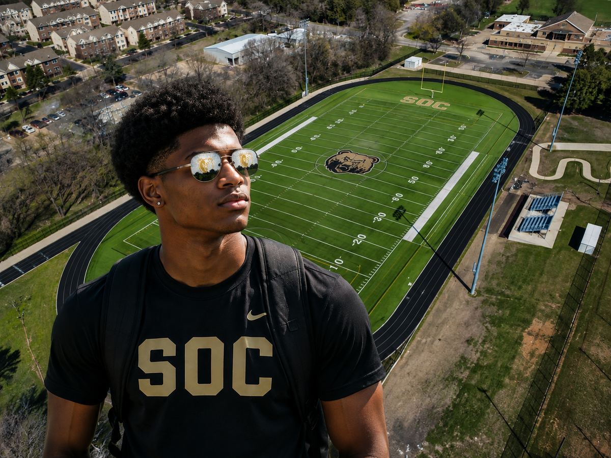 AI picture of a South Oak Cliff student wearing the Aviator frames with the Logo lenses.